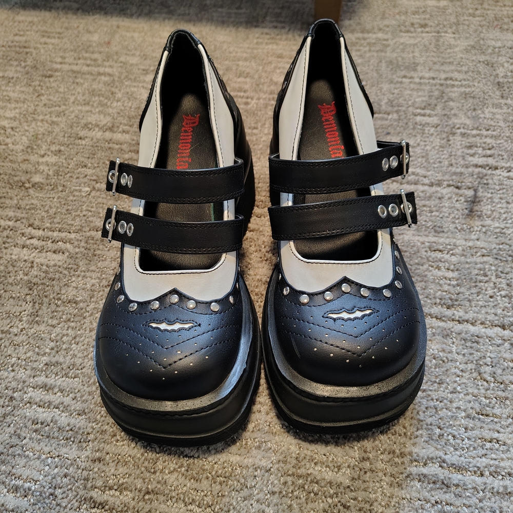 Demonia Women’s Black & White Mary Jane Platform Shoes